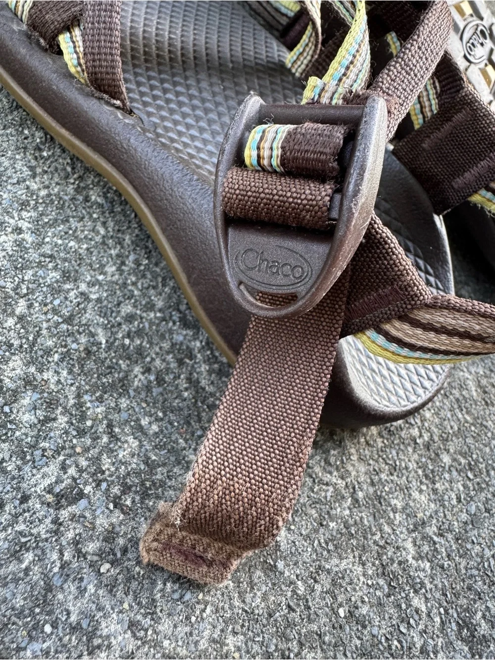 Chaco Kids Brown Sandals with Yellow and Green Stripe Size 1 No Toe Strap